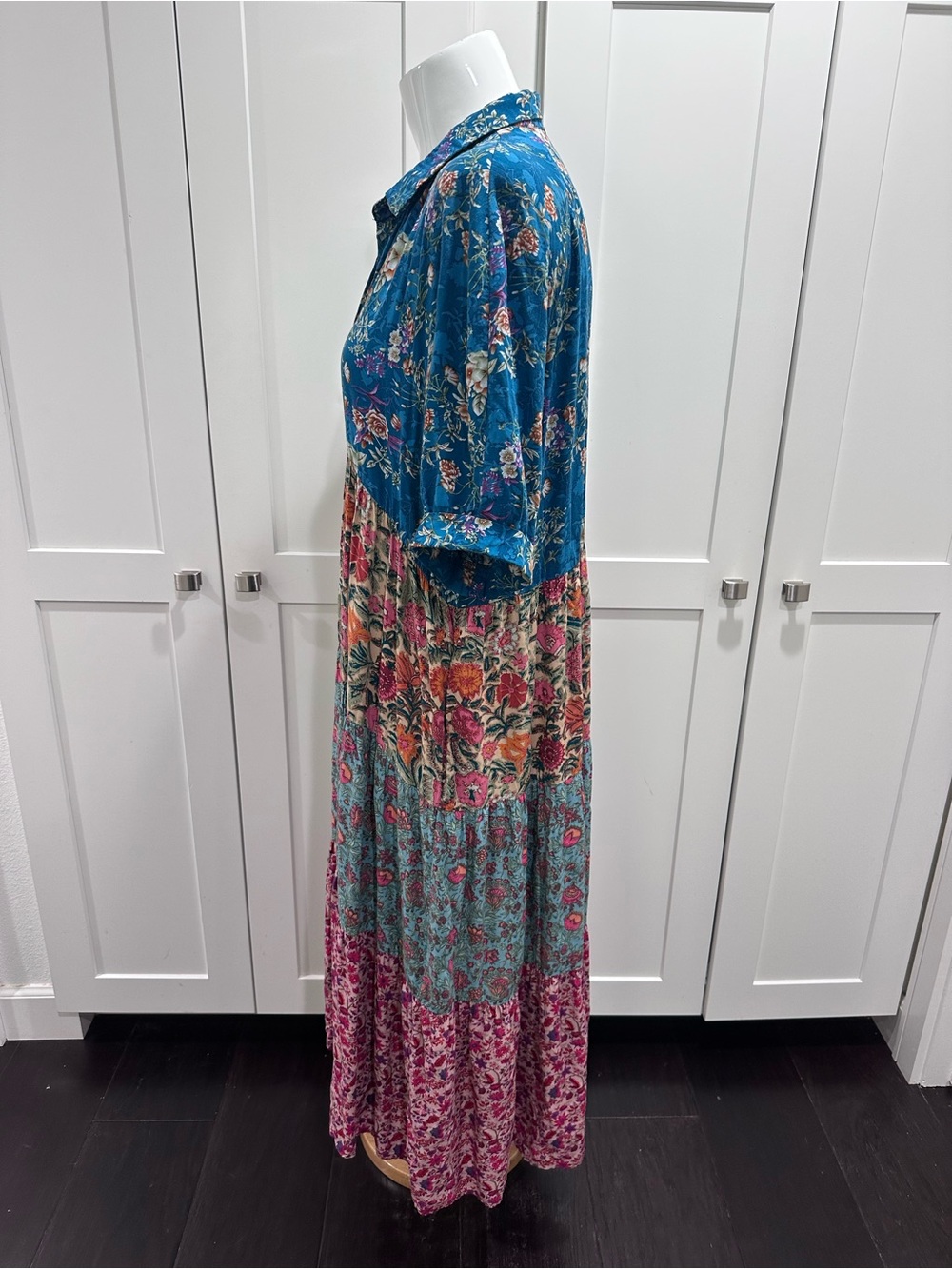 Natural Life Rebecca Midi Dress Blue Patchwork Floral Collared Boho Cottagecore - Picture 4 of 6